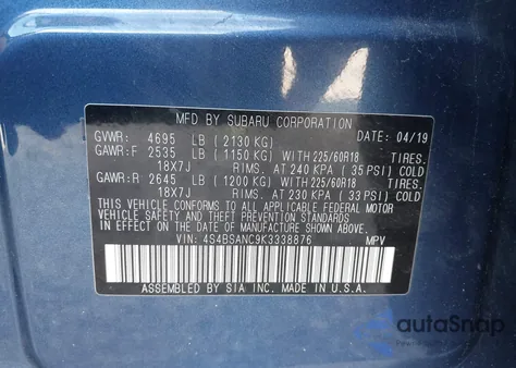 2019 Subaru Outback 2.5I Limited z USA, uszkodzony, nr VIN 4S4BSANC9K3338876